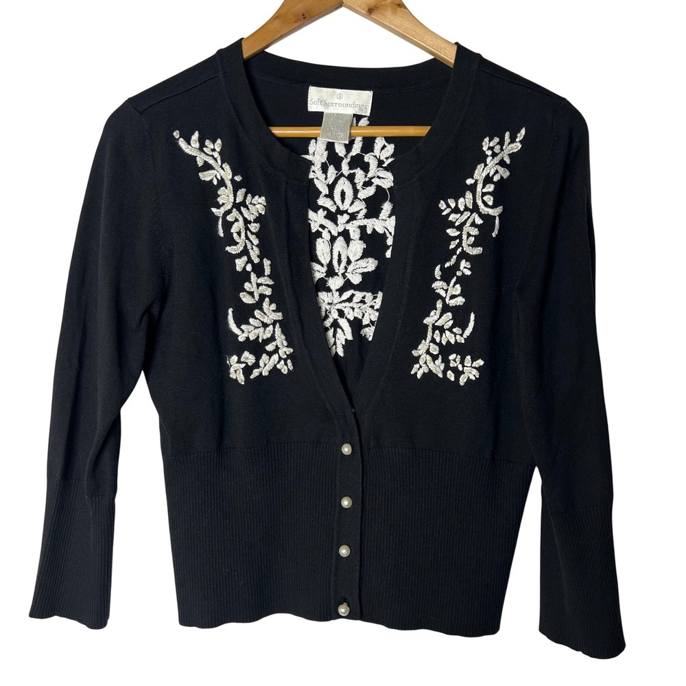 Soft‎ Surroundings Cardigan Size M Sweater Black Embroidered Faux Pearl Button